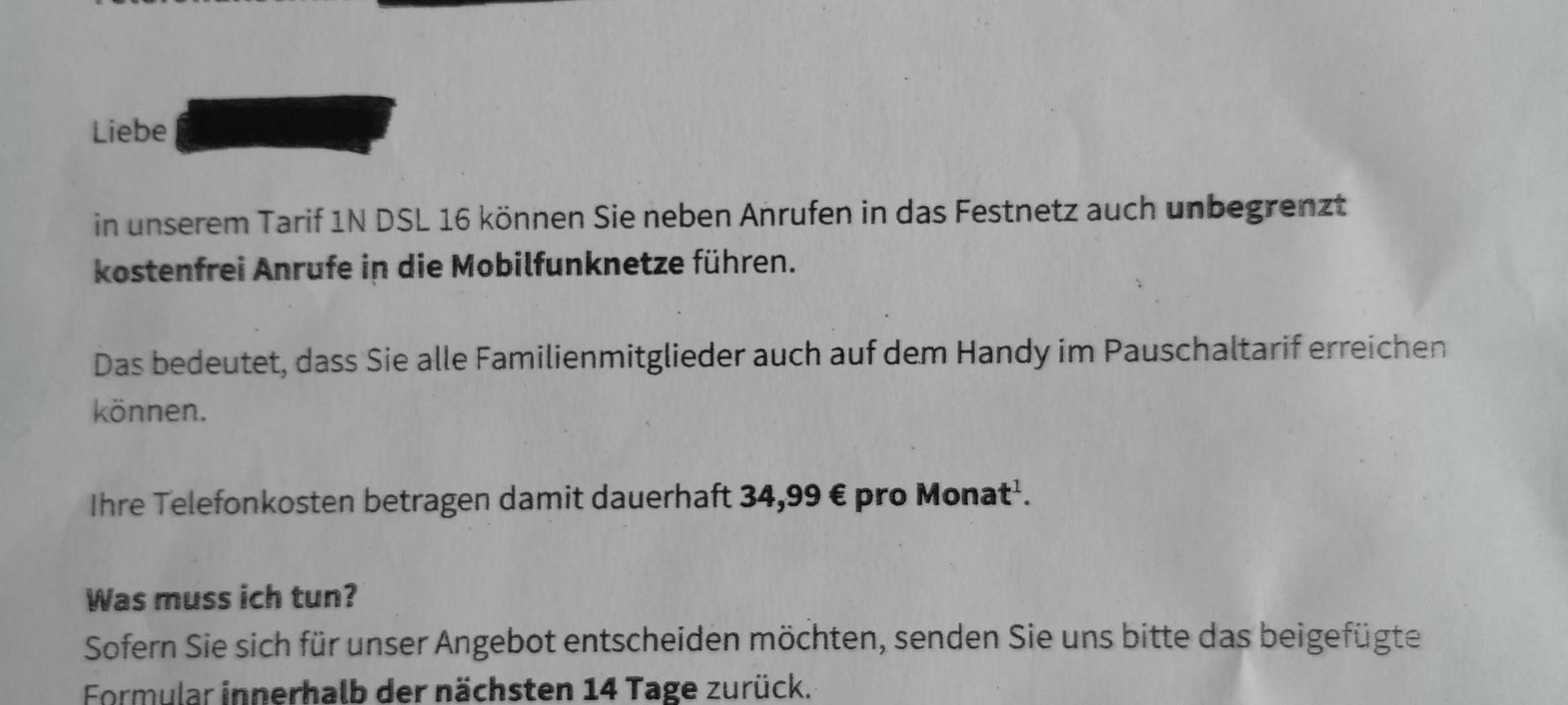 VBZ Wesel warnt vor Briefen der "1N Telecom"