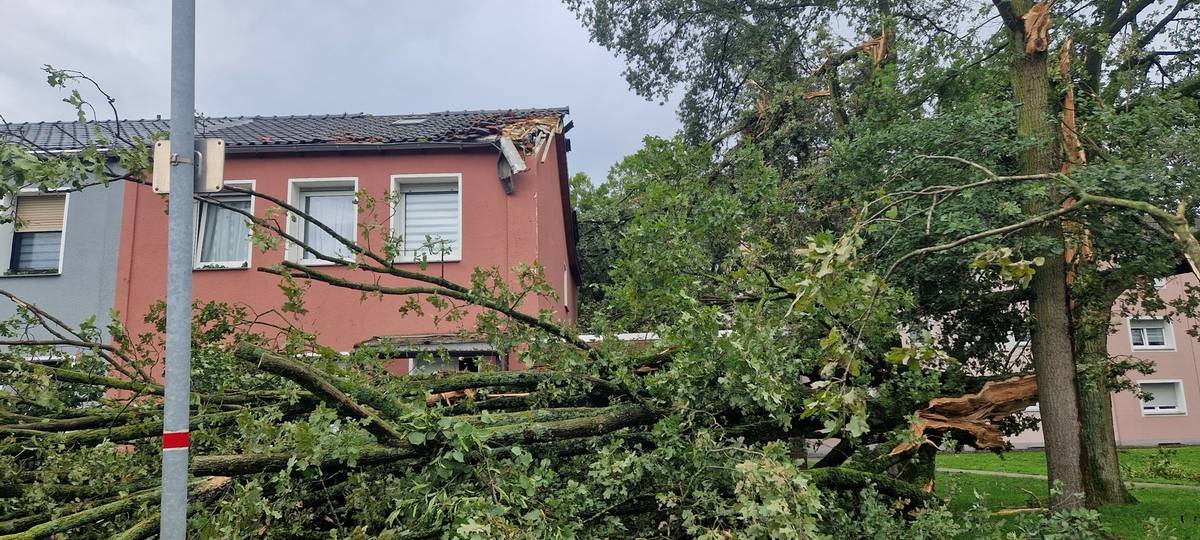 Entwurzelte Bäume und abgedeckte Dächer im Moerser Süden