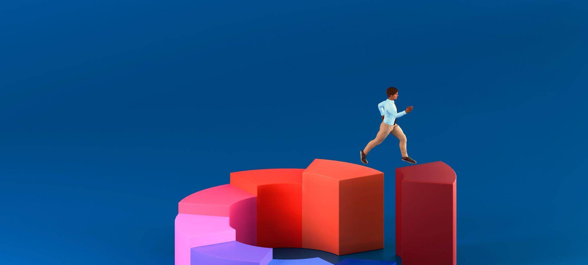 Geschäftsmann läuft 3D-Balkendiagramm hoch