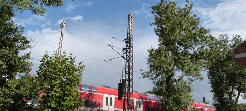 Vorbeifahrender Regionalexpress zwischen Natur