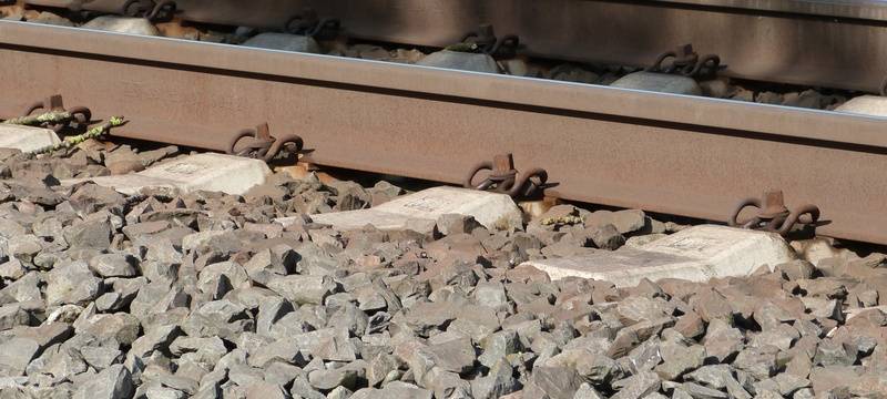Gleisbett/Schiene mit Wiese im Hintergrund, schattig beleuchtet