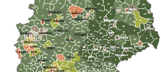 Deutschlandkarte mit farblicher Einteilung der Regionen im Teilhabe-Atlas 2019